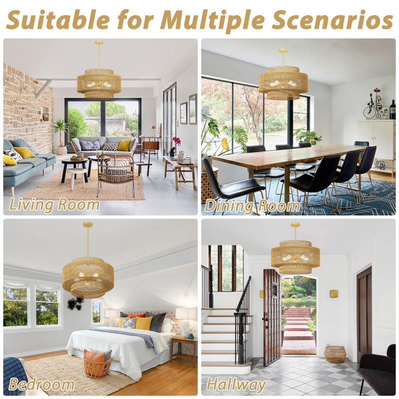Luminaire de style lustre en rotin 24 po Boho, lustres rustiques tissés à la main à 5 lumières avec poteau de ferme doré à hauteur réglable pour salle à manger, couloir, chambre à coucher, vestibule, îlot et cuisine