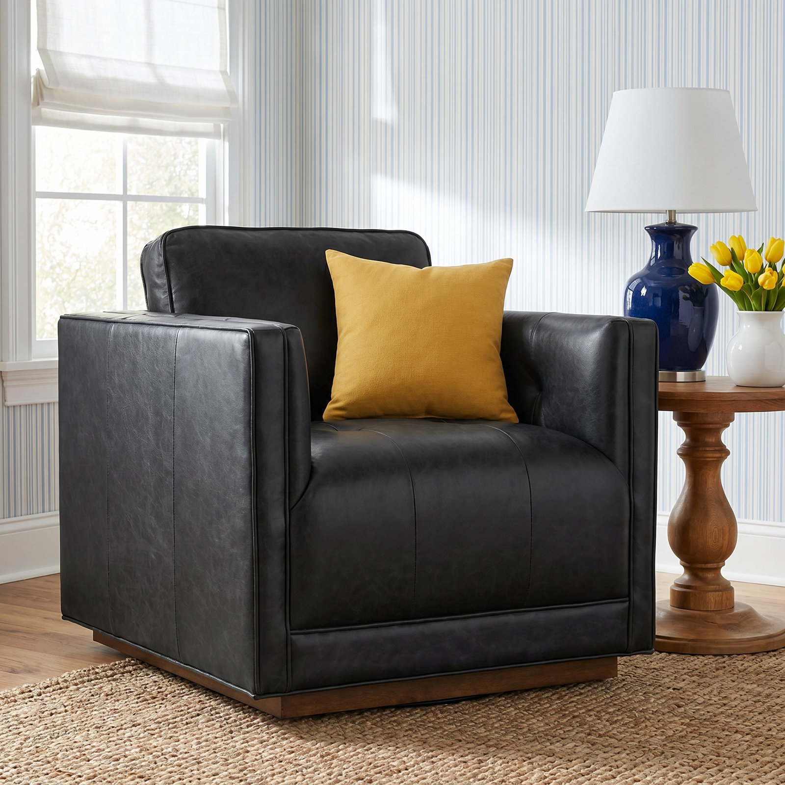 Calabrese Genuine Leather Swivel Armchair, Sonoma Black Genuine Leather