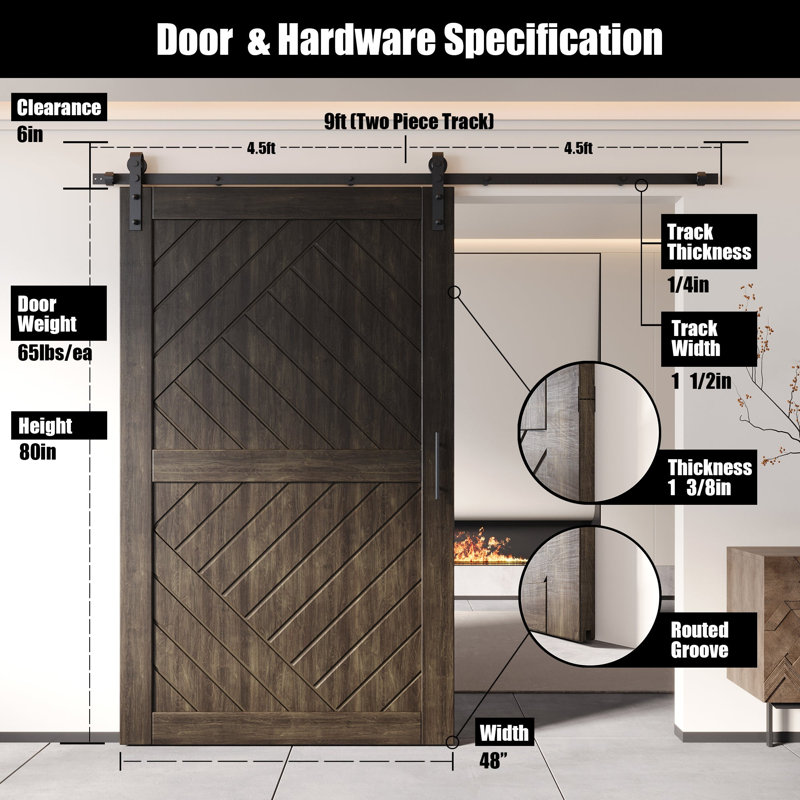 Homacer Ebony 48in x 80in Unassembled & Finished Geometric Design Barn Door with Non-Bypass Installation Hardware Kit, 9ft track, interior use only