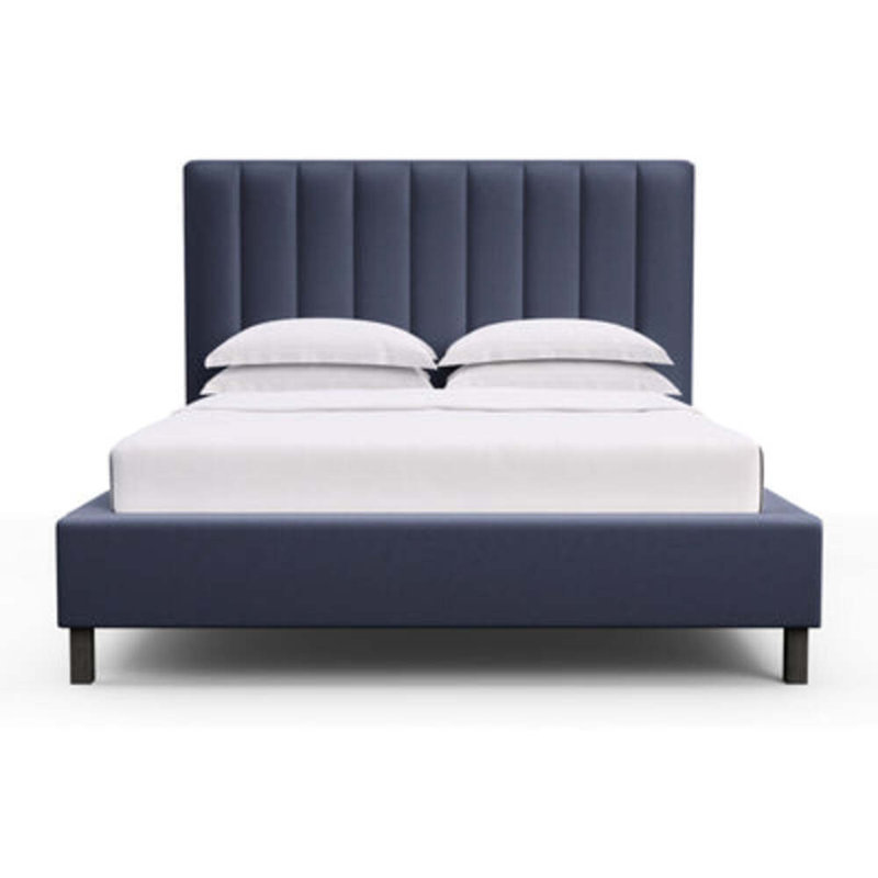 Highline Upholstered Bed, Queen, Plush Velvet Blue Print, Ebony