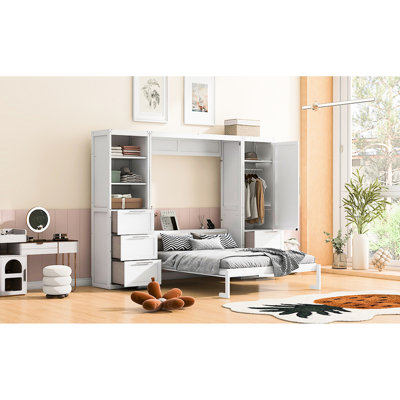 Grand lit blanc avec garde-robe organisé et tiroirs - Refonte de la chambre pour grand lit, choix de rangement intégrés