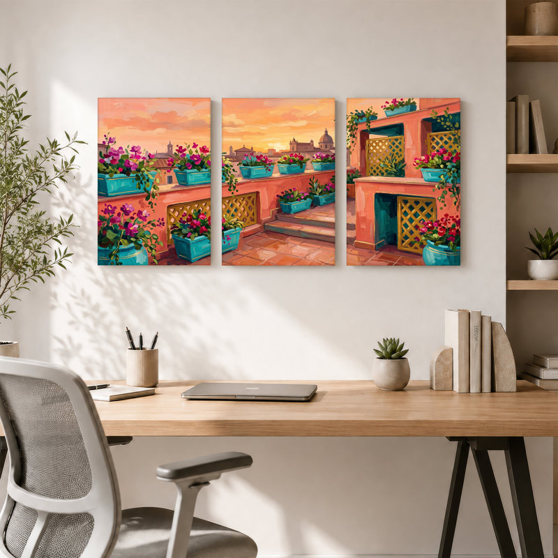 «Geraniums roses dans des jardinières turquoise sur un balcon en terre cuite», art mural sur toile, 18"H x 12"W x 3pcs