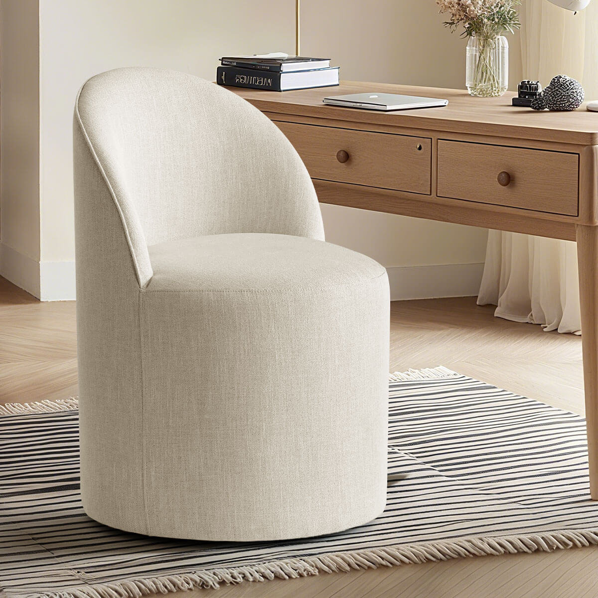 Ivy Bronx Upholstered Linen Swivel Desk Chair with Rollers