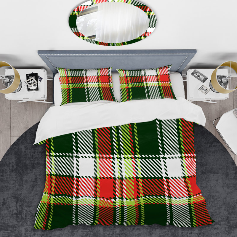 Tartan à carreaux vert et rouge - Ensemble de housse de couette abstrait - Microfibre de polyester
