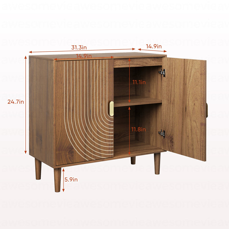 Walnut Brown Wood Buffet Cabinet with Line Groove Design - Multifunctional Storage Sideboard for Living Room, Entryway & Kitchen, Art Deco Modern Accent Cabinet with Adjustable Shelves