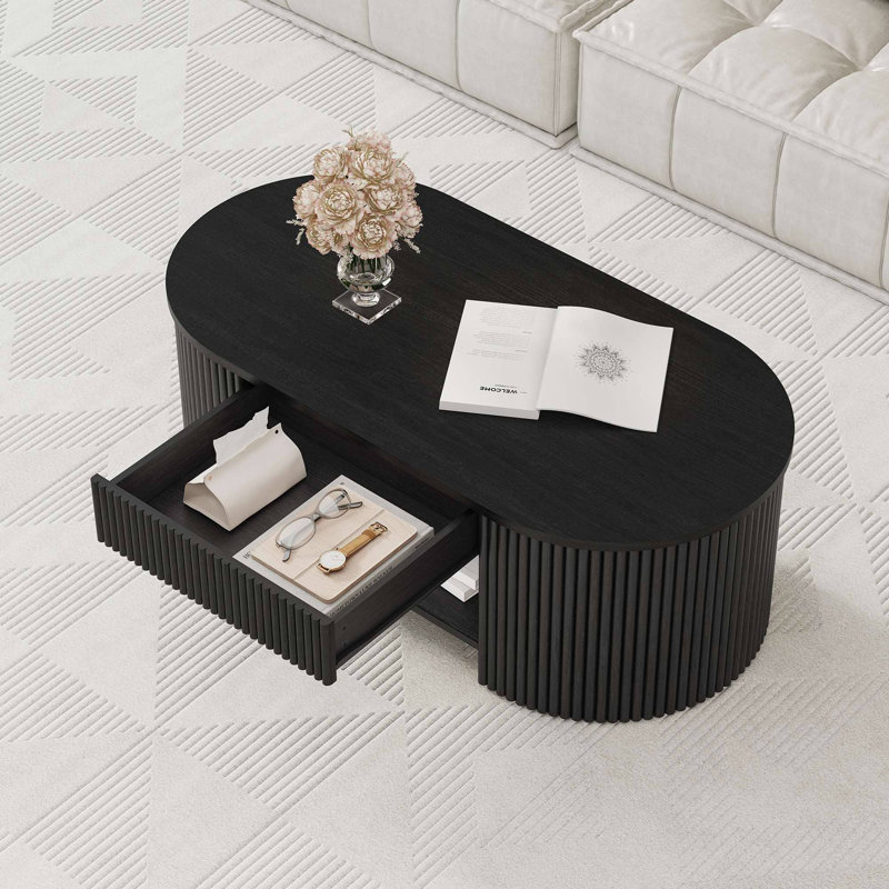 Table basse Mid-Century ovale avec tiroir Guinna, Chêne noir