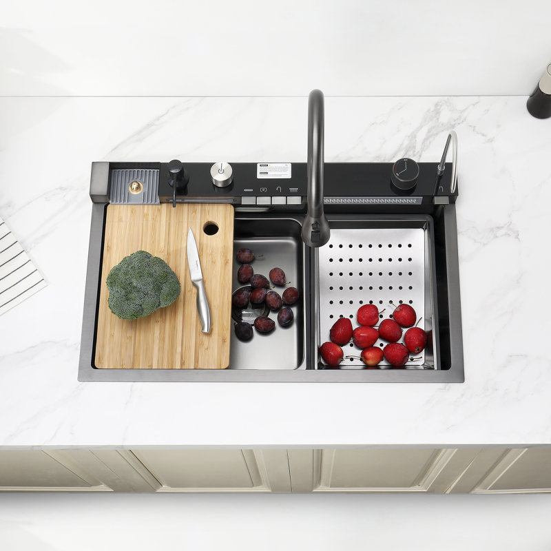 Évier de cuisine à cuve simple en acier inoxydable 304 avec robinet à cascade coulissant et lavabo à légumes, Satiné