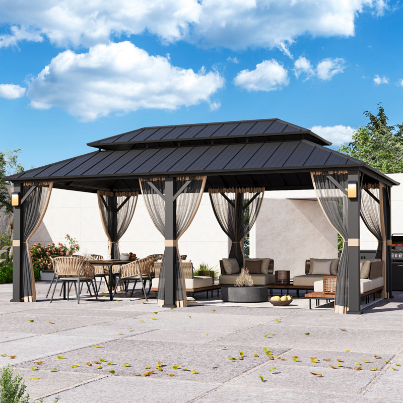 Hamilton x 20 pi Pavillon de jardin rigide avec lumières DEL auto-alimentées solaires, moustiquaire et crochet pour auvent