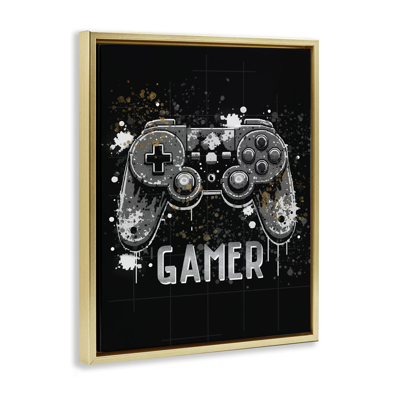 «Gamer with Modern Splash», art mural encadré flottant par Kim Allen, Cadre flottant métallique doré, H 31 po x l 25 po