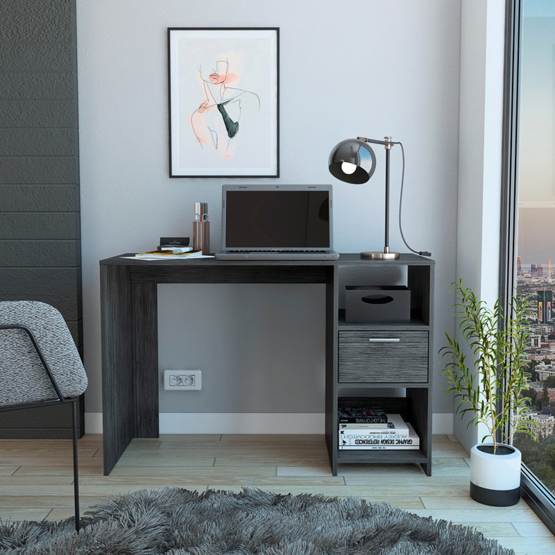 Bureau d'ordinateur, un tiroir, deux tablettes, Gris