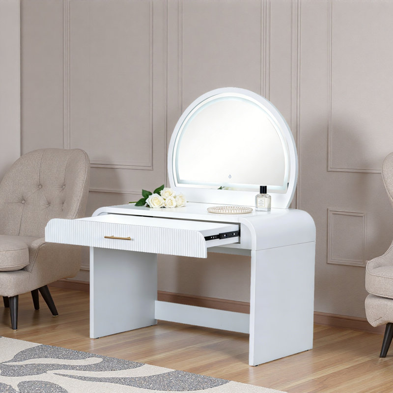 Makeup Vanity Table With Touch Screen Lighted Mirror, Dressing Table With A Drawer And Curved Edges