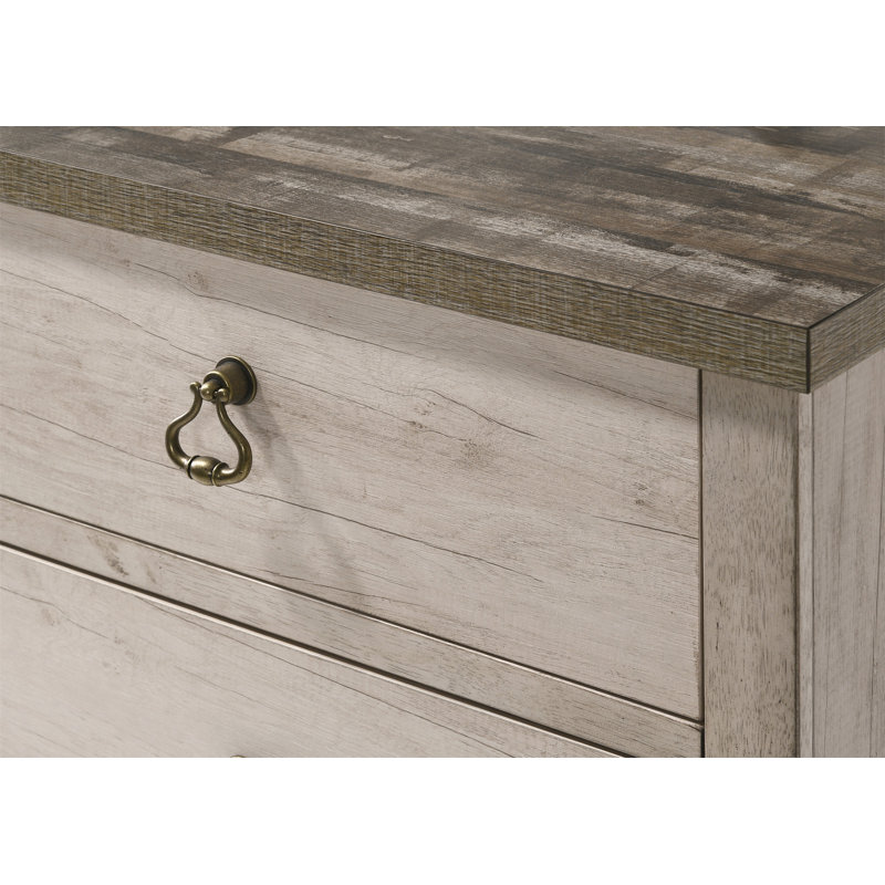 1pc Table de chevet 2 tiroirs de style chalet vieilli avec finition en bois flotté contrastant et brun vieilli