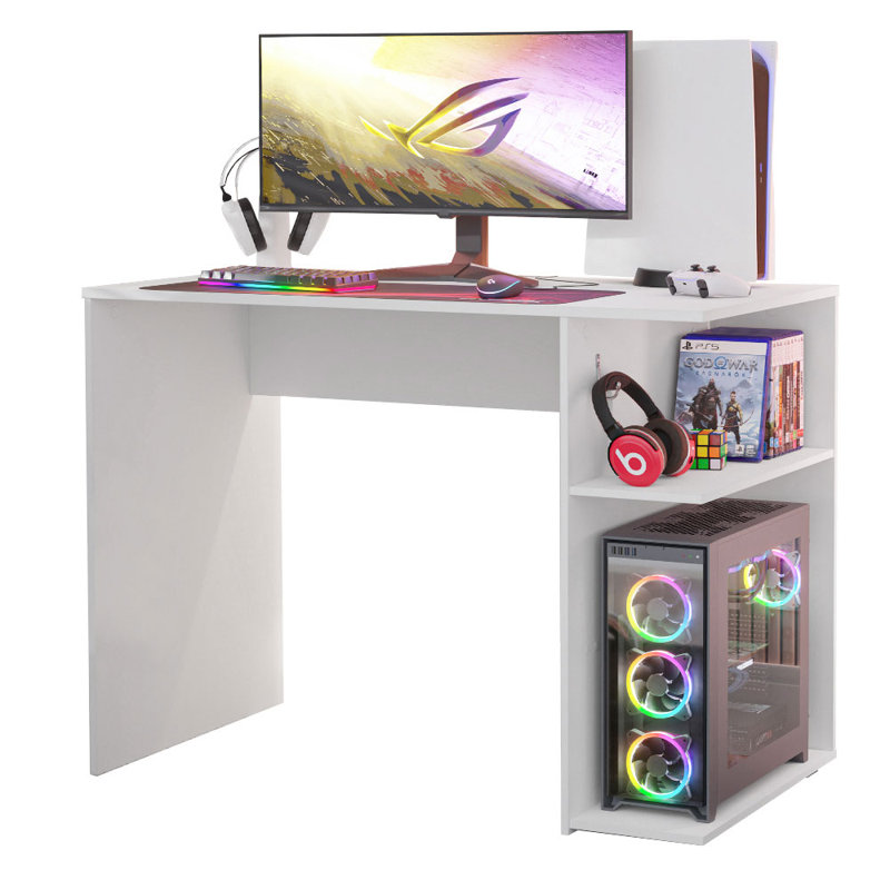 Bureau d'ordinateur de jeu compact avec 2 tablettes, gestion des câbles et grand support pour écran, Blanc