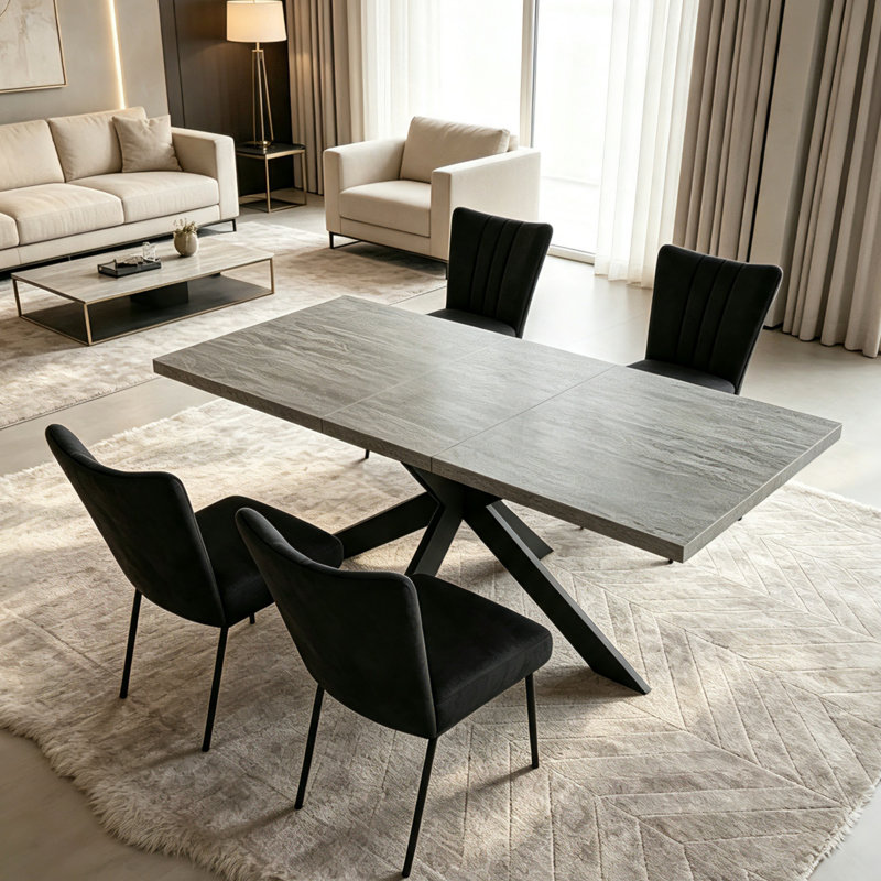 Bourke Modern Kitchen Dining Set, Extendable Dining Table With Upholstered Dining Chairs(1 Table 4 Chairs), Black