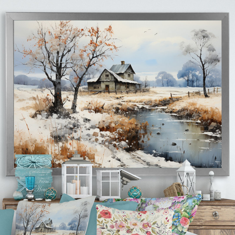 «Countryside Snowy Minimalisme Winter VII», reproduction sur toile, Cadre simple gris, H 34 po x l 44 po x P 1,5 po