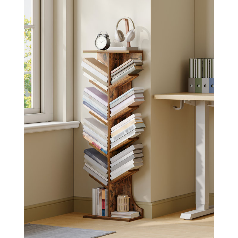 Tree Bookshelf, 11 Tier Floor Standing Bookcase, Narrow Bookcase, Display Shelf for Living Room, Home, Office, Bedroom, Rustic Brown 