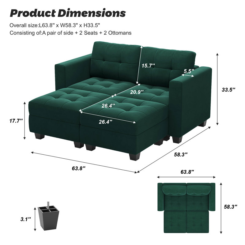 Soneson Modern Velvet Sectional Sofa Bed Loveseat with Tufted Cushions and Storage Apartment Sofa, Green Velvet