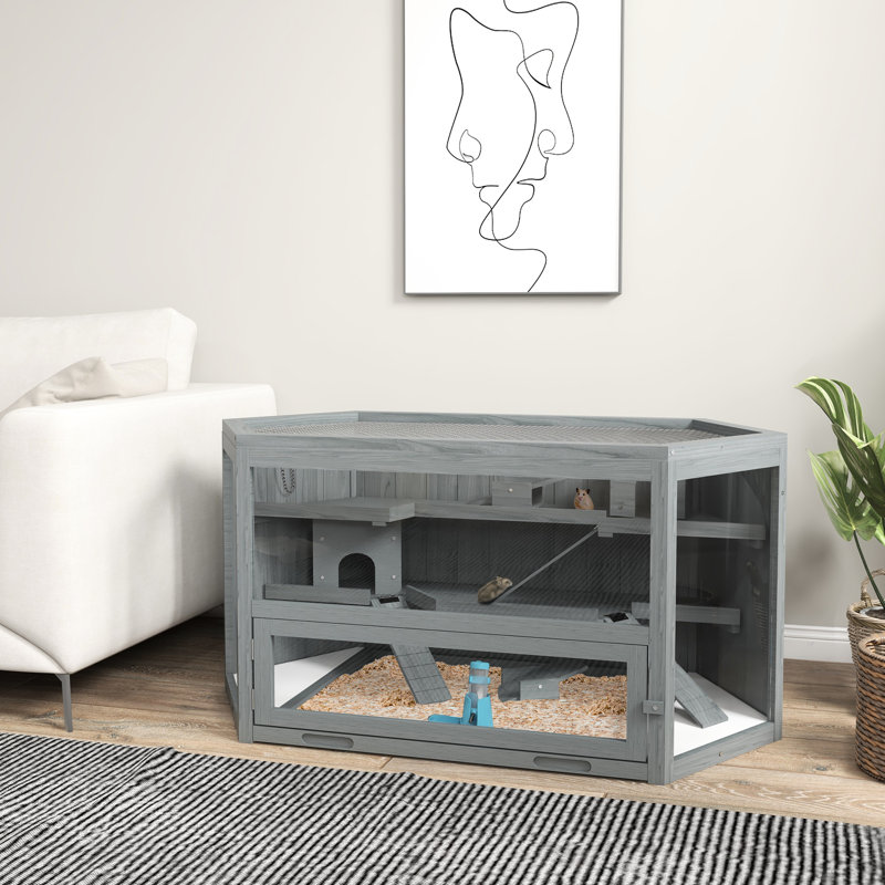 Cage en bois pour petits animaux - 3 niveaux, gris, avec bascules, bouteille d'eau, plateau amovible idéal pour les hamsters