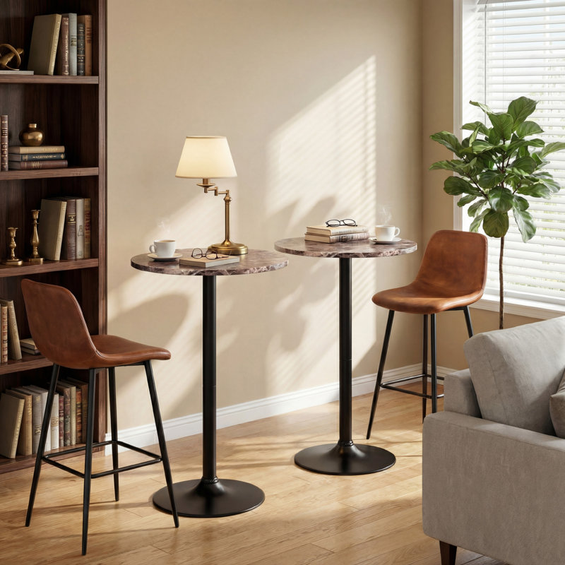 Mahnomen Counter Height 39.5'' Pedestal Dining Table, Faux Marble, Black, 2
