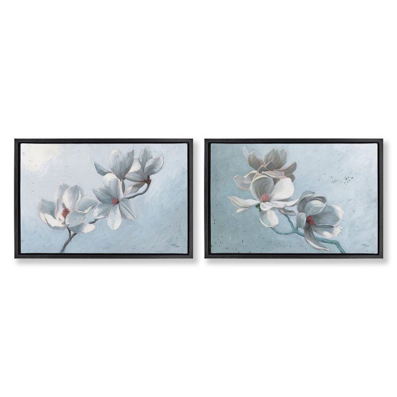 Ensemble de 2 toiles flottantes encadrées simples Magnolia Branch Blossoms par Wellington Studio, Cadre flottant noir de jais