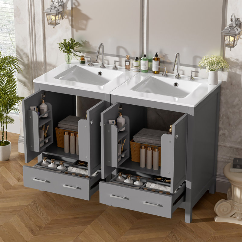 Meuble-lavabo de 48 pouces avec lavabo encastré intégré, armoire de rangement, portes à fermeture en douceur, tiroir divisé et tablette à double couche pour un rangement polyvalent
