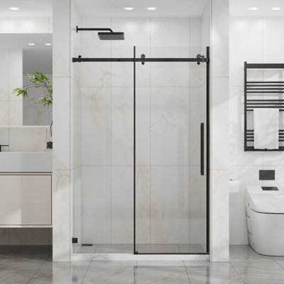 Porte de douche coulissante 48 W x 72 H, verre trempé transparent sans cadre avec revêtement facile à nettoyer, quincaillerie en acier inoxydable, finition noir mat