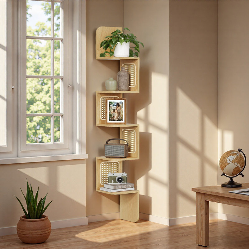 Wall Mounted Floating 5-tier Shelf, Oak Wood