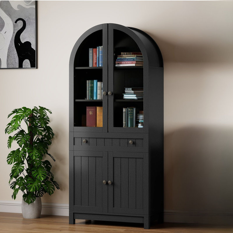71" Tall Arched Bookcase, Modern Curved Cabinet With  Storage Drawers & Glass Door