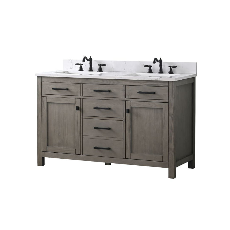 Ensemble de meuble-lavabo double 54 po Ajiya, Gris texturé / noir mat, Blanc de Carrare