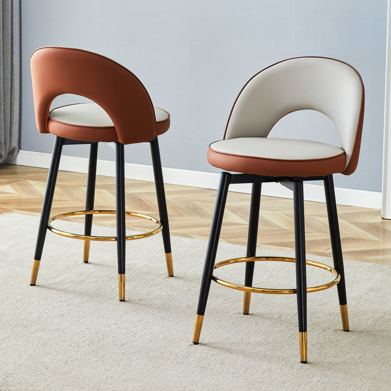 Ensemble de 2 chaises de bar rotatives avec siège rembourré en polyuréthane et pieds en métal, Brun / Gris