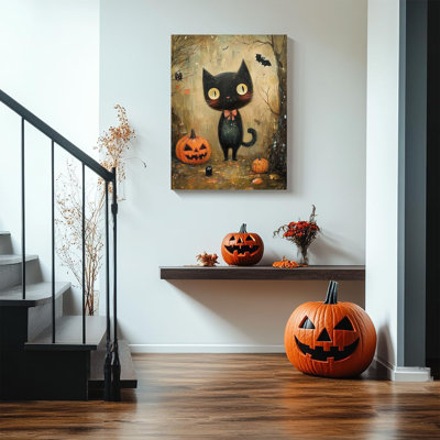 Mignon Halloween, impression sur toile ludique, chat noir aux yeux ronds, souriant, chauves-souris volantes, chauves-souris sur fond d'automne chaleureux, peinture gothique pour salon, décor d'automne encadré