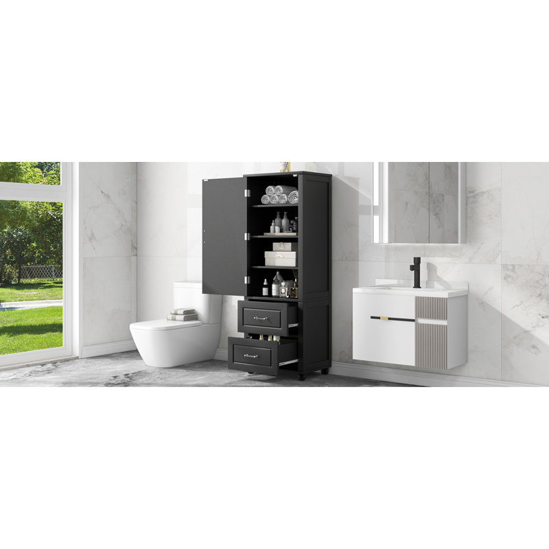 Tall Bathroom Storage Cabinet, Freestanding Storage Cabinet With Two Drawers And Adjustable Shelf, MDF Board With Painted Finish, Black