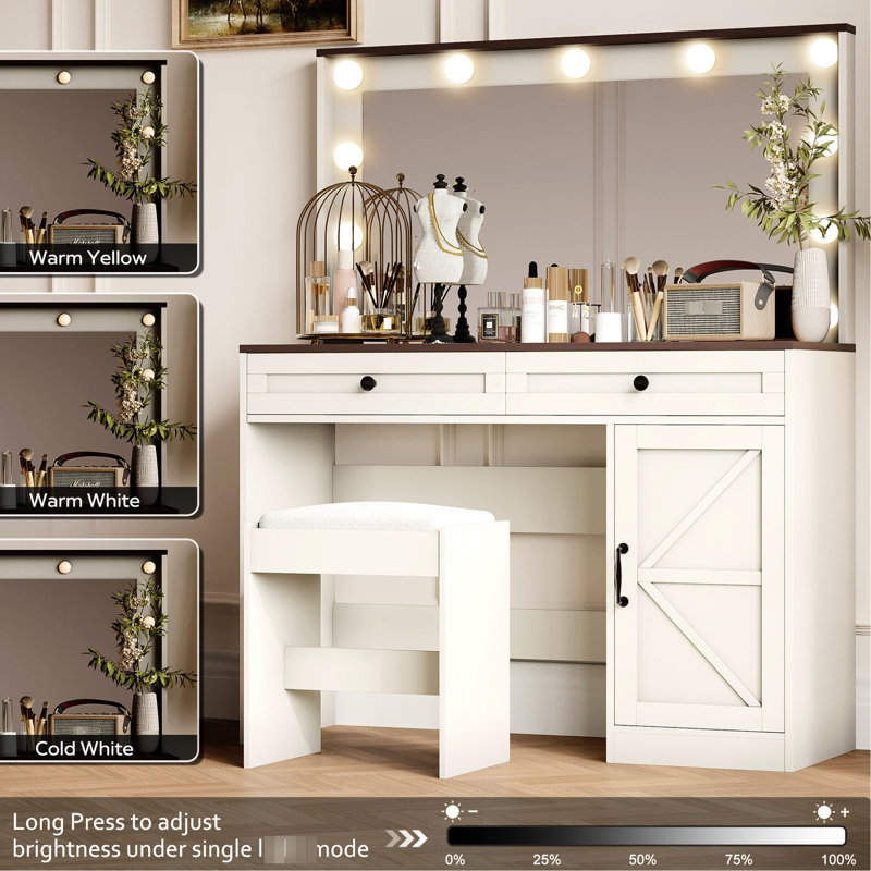 Table de coiffeuse blanche 43,4 po avec 11 lumières DEL, grand miroir, 3 tiroirs, luminosité réglable, coiffeuse pour femme et ensemble de tabourets