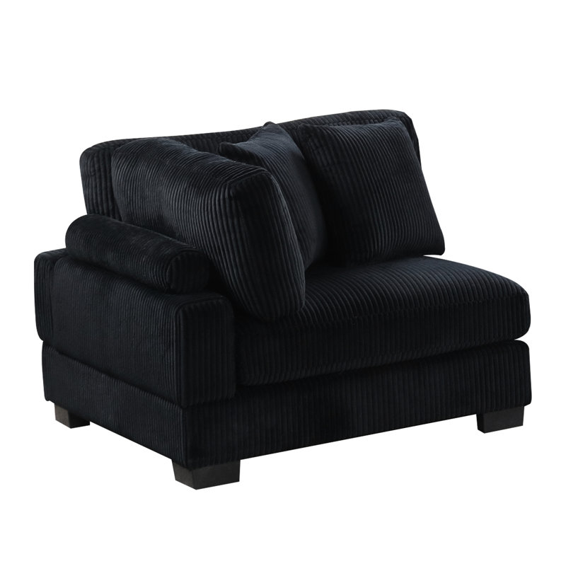 Chaise d'angle rembourrée en velours côtelé noir avec pieds en bois et assise mi-ferme dans le dossier principal
