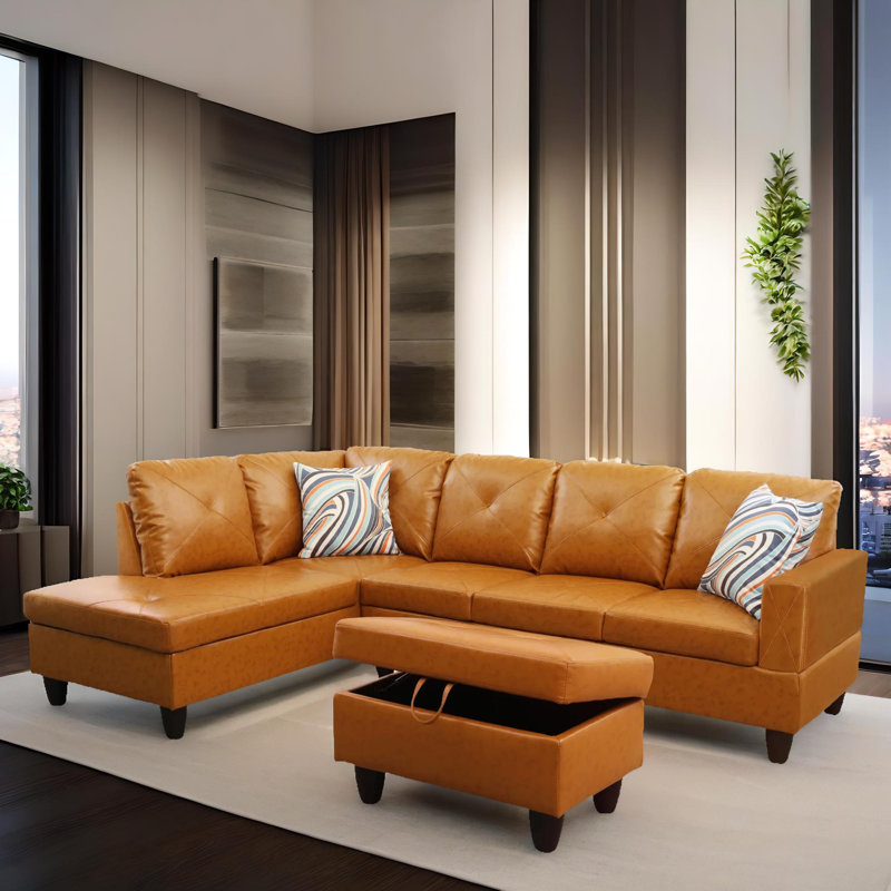 Ensemble de canapé modulaire en cuir 3 pièces avec méridienne et repose-pieds avec rangement Monaco, Similicuir brun / jaune