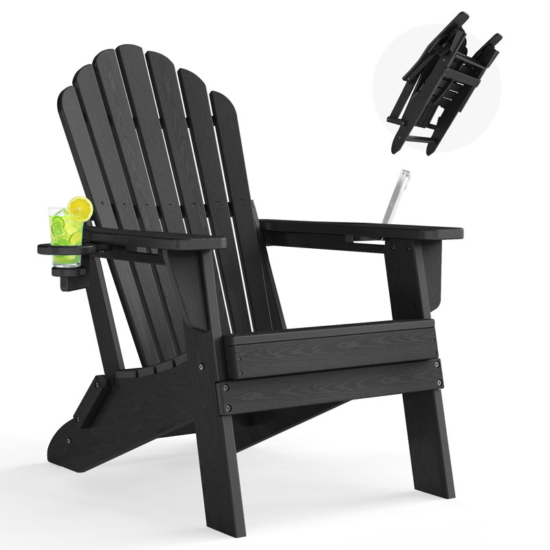 Folding HDPE Adirondack Chair with Dual Cup Holders – All-Weather Outdoor Patio Chair, Black
