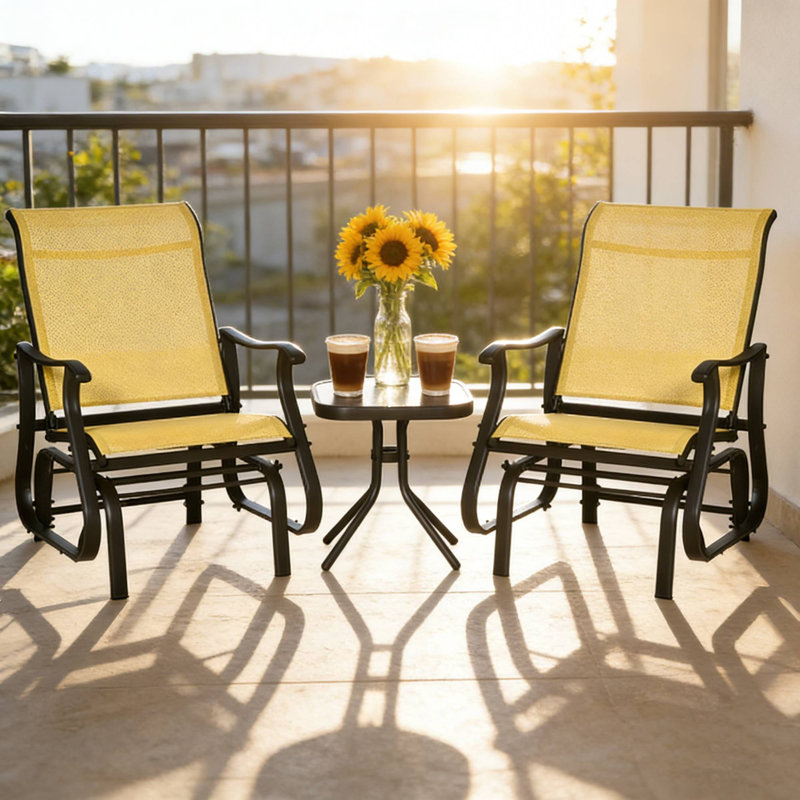 Outdoor 3-Piece Glider Set For Porch Evening Leisure & Backyard Small Get-Togethers, Black/Yellow
