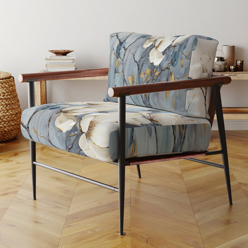 Fauteuil Magnolias Tranquility élégant, blanc et bleu - Fauteuil d'appoint Magnolia Bloom, recouvert de velours à motif floral