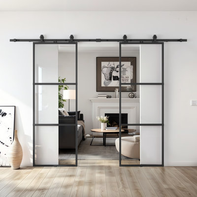 Porte de grange double coulissante en métal et en verre avec quincaillerie d'installation (fermeture en douceur incluse)