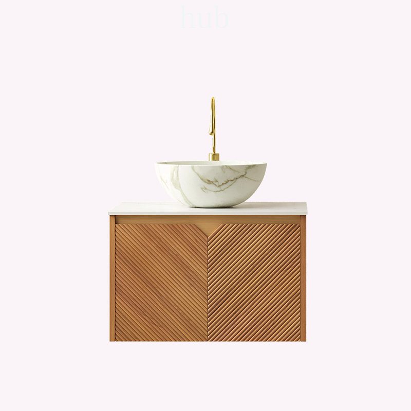Meuble-lavabo de 61 cm avec lavabo intégré, armoire de rangement suspendue en contreplaqué avec portes doubles en sergé et garniture métallique, lavabo en céramique à motif pierre mate et comptoir en pierre frittée