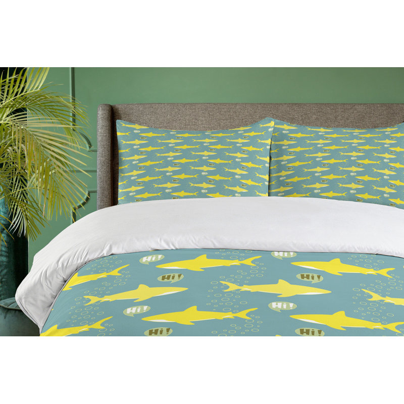 King Size Yellow and Sea Green Shark Duvet Cover Set