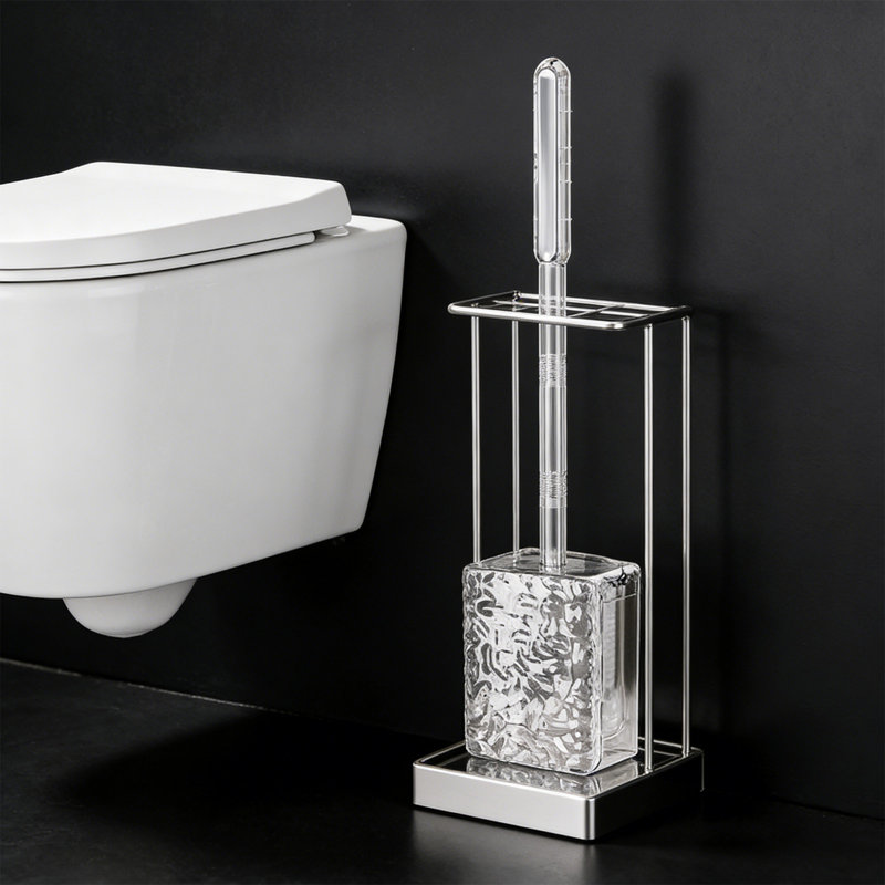 Brosse de toilette en plastique moderne avec base, outil de nettoyage de salle de bain à longues poignées, transparent 16,3 x 3,9 x 2,5 po