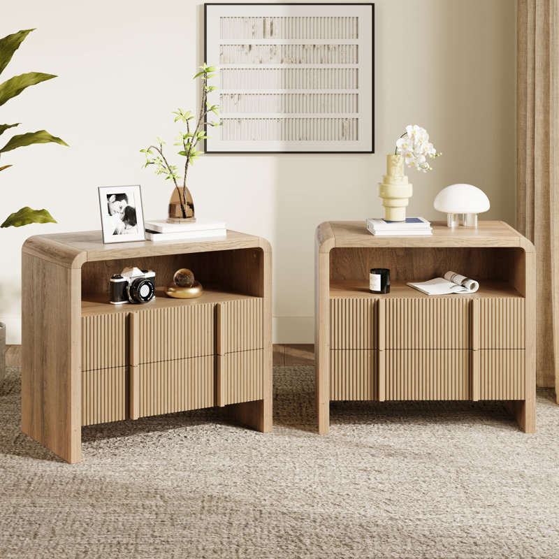 Table de chevet moderne en bois avec tiroir et tablette ouverte, Beige, Ensemble de 2