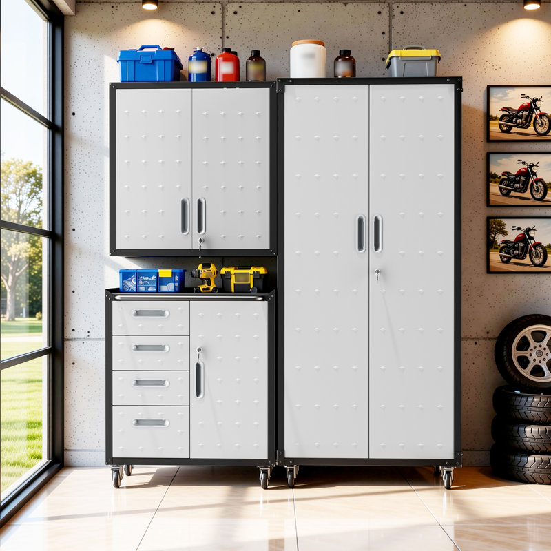 Ensemble de rangement pour garage en 3 pièces : armoires métalliques à roulettes, armoire murale, coffre à outils roulant à 4 tiroirs et armoire à panneaux perforés haute, organisateur de coffre à outils verrouillable.