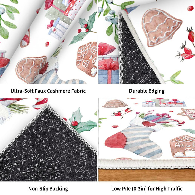 Tapis d'intérieur blanc lavable à la machine, motif aquarelle de Noël avec cadeaux et herbes., Rectangle 55 po x 79 po