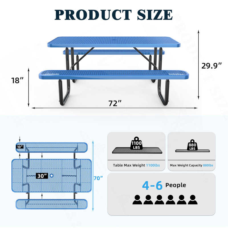 72" Expanded Metal Rectangular Picnic Table, With Umbrella Hole, Blue