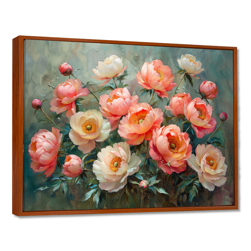 «Pink White Garden Of Dreams Pe pivoines», impression d'art mural pivoines, Encadrement brun, H 16 po x l 32 po