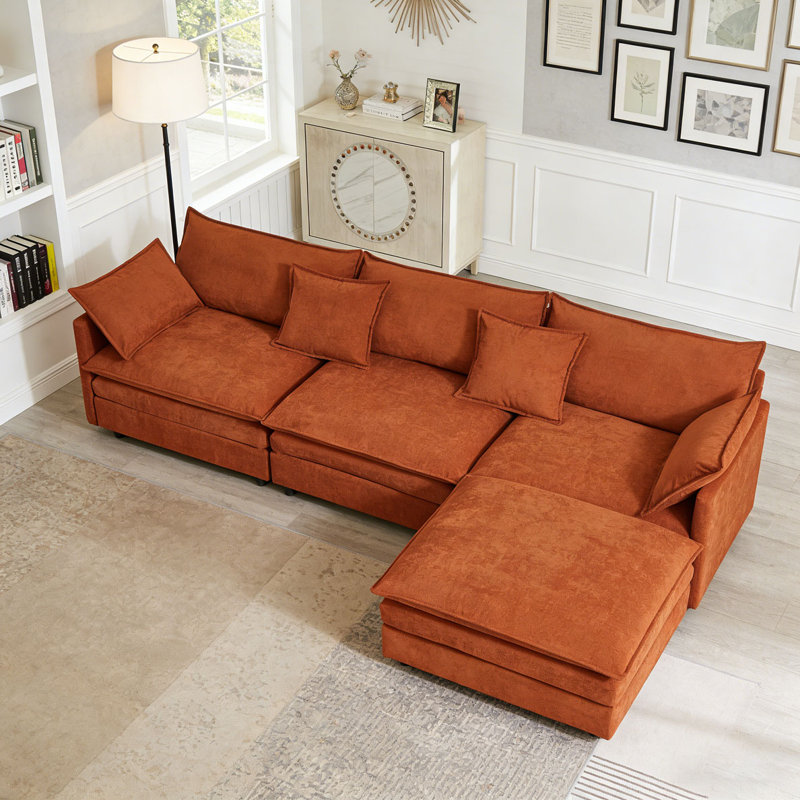 Canapé modulaire de 105 po en tissu chenille rembourré, Orange foncé