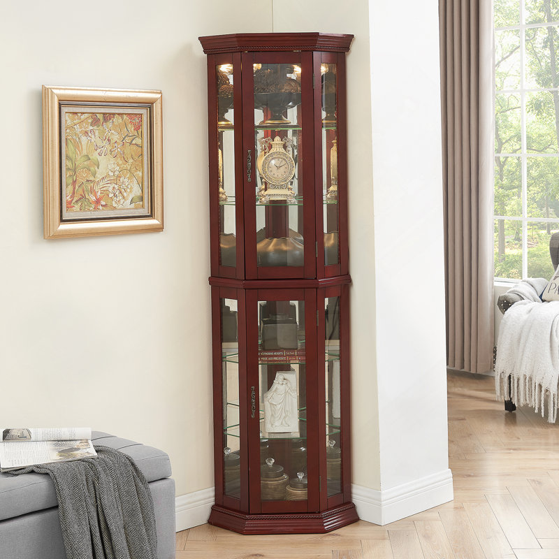 Corner Curio Cabinet With Lights, Adjustable Tempered Glass Shelves, A Mirrored Back, Cherry