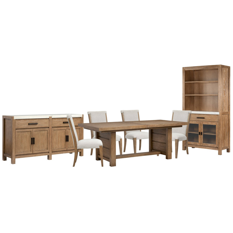 Extendable Trestle Dining Table With 4 Upholstered Side Chairs Server And Display Cabinet